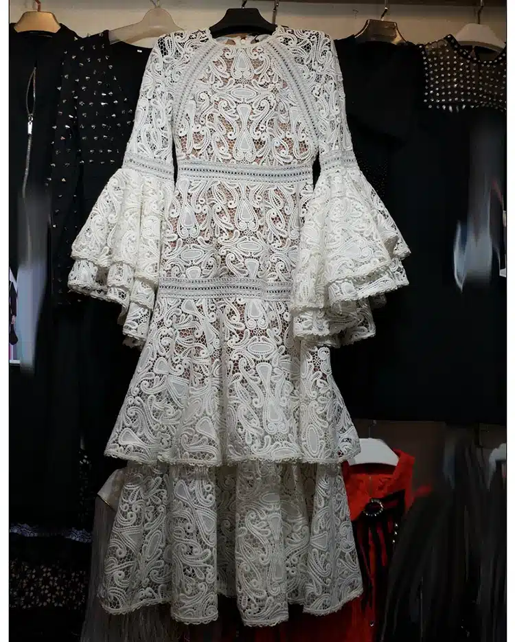 HIGH QUALITY New Fashion 2018 Designer Runway Dress Women's Flare Sleeve Lace Cascading Ruffle Dress 11