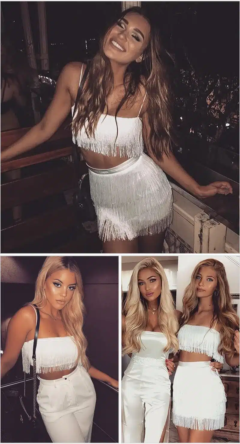 SIBYBO Tassel Strapless Sexy Two Pieces Set Bandage Dress 2018 Red White Summer Women Dress Elegant Mini Club Party Dresses 12