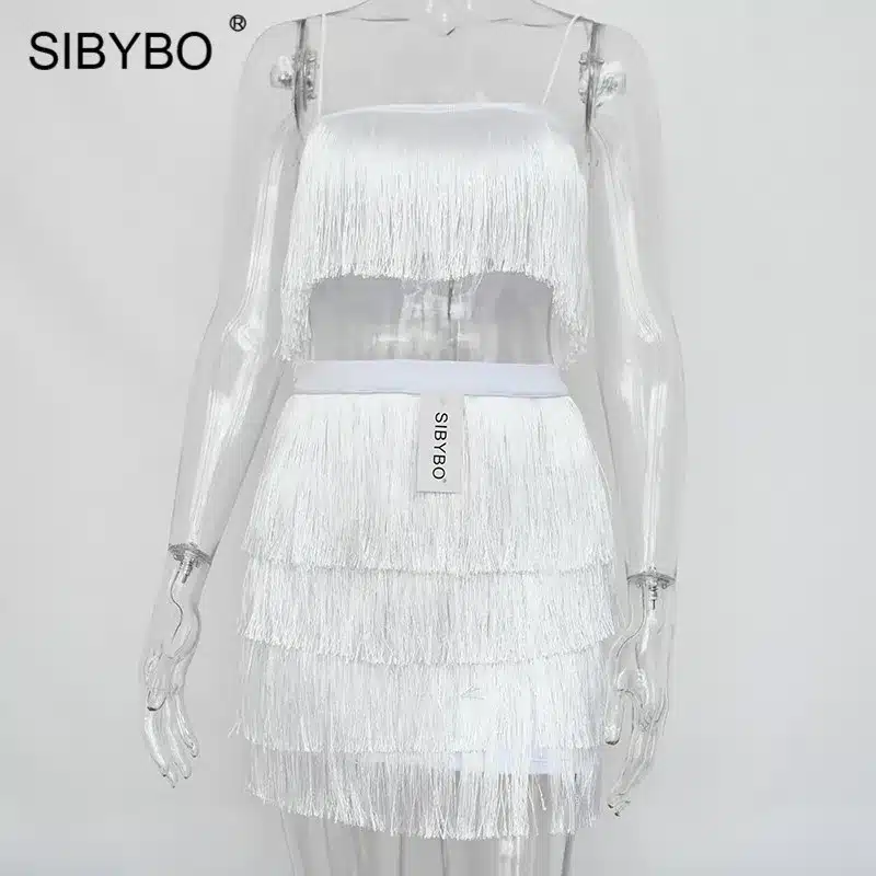 SIBYBO Tassel Strapless Sexy Two Pieces Set Bandage Dress 2018 Red White Summer Women Dress Elegant Mini Club Party Dresses 14