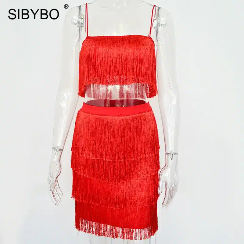 SIBYBO Tassel Strapless Sexy Two Pieces Set Bandage Dress 2018 Red White Summer Women Dress Elegant Mini Club Party Dresses 17