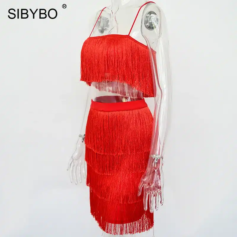 SIBYBO Tassel Strapless Sexy Two Pieces Set Bandage Dress 2018 Red White Summer Women Dress Elegant Mini Club Party Dresses 19