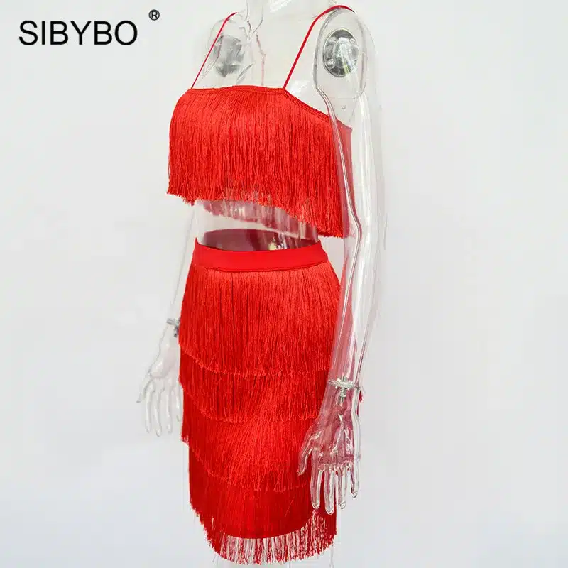 SIBYBO Tassel Strapless Sexy Two Pieces Set Bandage Dress 2018 Red White Summer Women Dress Elegant Mini Club Party Dresses 20