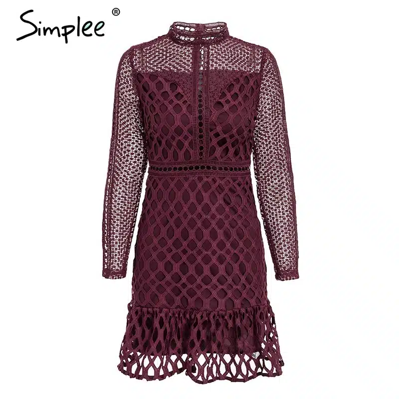 Simplee Elegant hollow out mesh lace women dress Ruffle slim autumn winter dress 2018 High waist long sleeve party sexy dresses 18