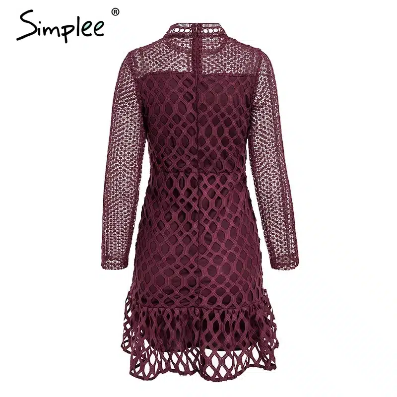 Simplee Elegant hollow out mesh lace women dress Ruffle slim autumn winter dress 2018 High waist long sleeve party sexy dresses 19