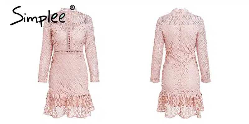 Simplee Elegant hollow out mesh lace women dress Ruffle slim autumn winter dress 2018 High waist long sleeve party sexy dresses 21