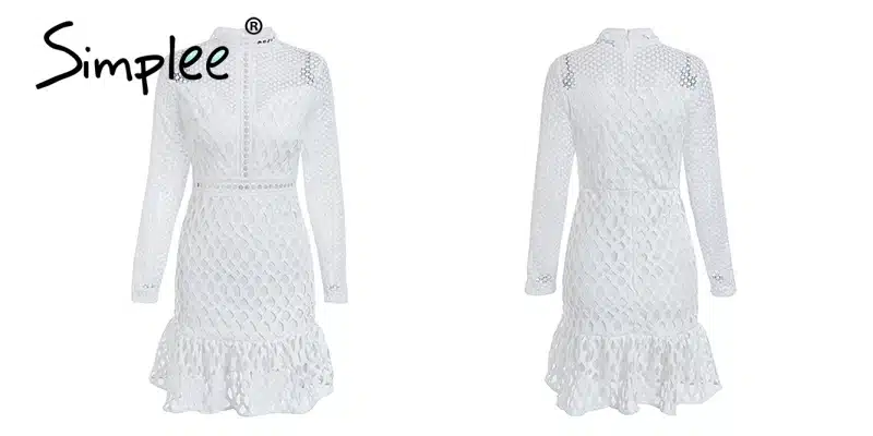 Simplee Elegant hollow out mesh lace women dress Ruffle slim autumn winter dress 2018 High waist long sleeve party sexy dresses 22