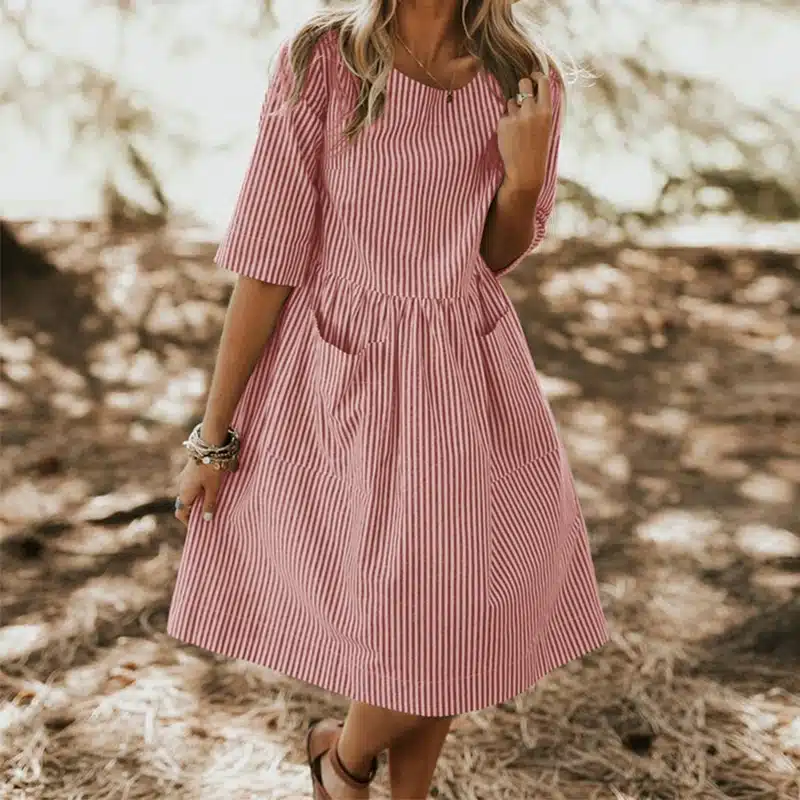 Plus Size ZANZEA 2018 Summer Women Elegant O Neck Half Sleeve Loose Casual Striped Dress Pockets Baggy Boho Beach Vestido Robe 12