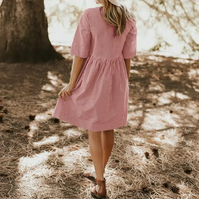 Plus Size ZANZEA 2018 Summer Women Elegant O Neck Half Sleeve Loose Casual Striped Dress Pockets Baggy Boho Beach Vestido Robe 14