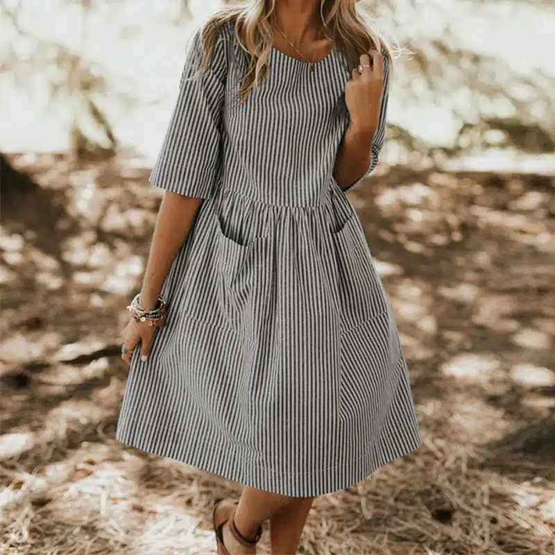 Plus Size ZANZEA 2018 Summer Women Elegant O Neck Half Sleeve Loose Casual Striped Dress Pockets Baggy Boho Beach Vestido Robe 15