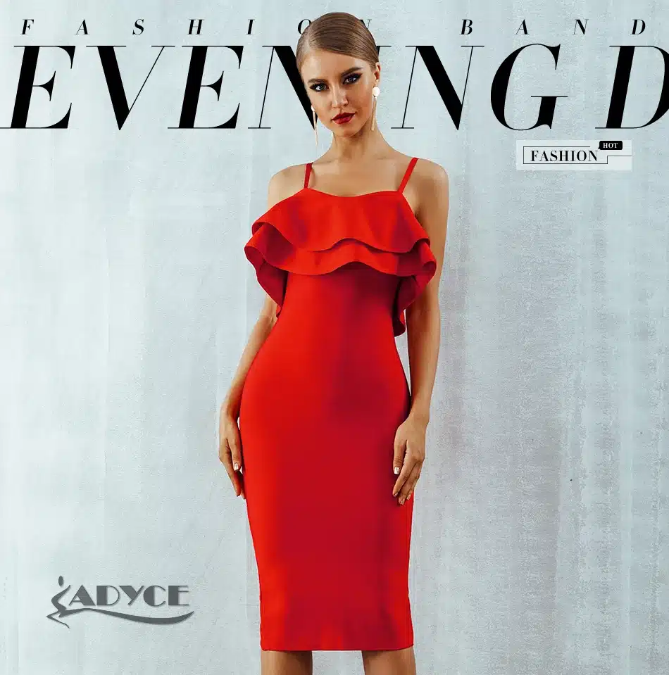 Adyce Women Bodycon Summer Bandage Dress 2018 Red Spaghetti Strap Vestidos Strapless Ruffles Midi Celebrity Evening Party Dress 9