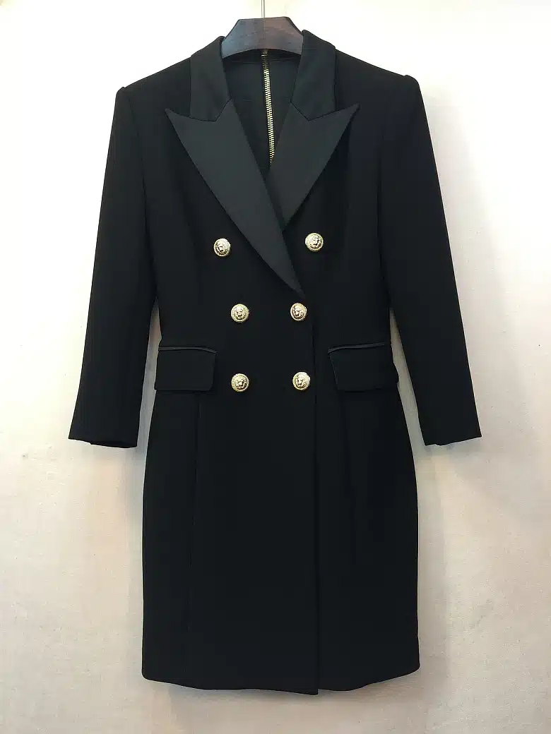 HIGH QUALITY New Fashion 2018 Runway Designer Dress Women's 3/4 Sleeve Double Breasted Metal Buttons Notched Collar Dress 1
