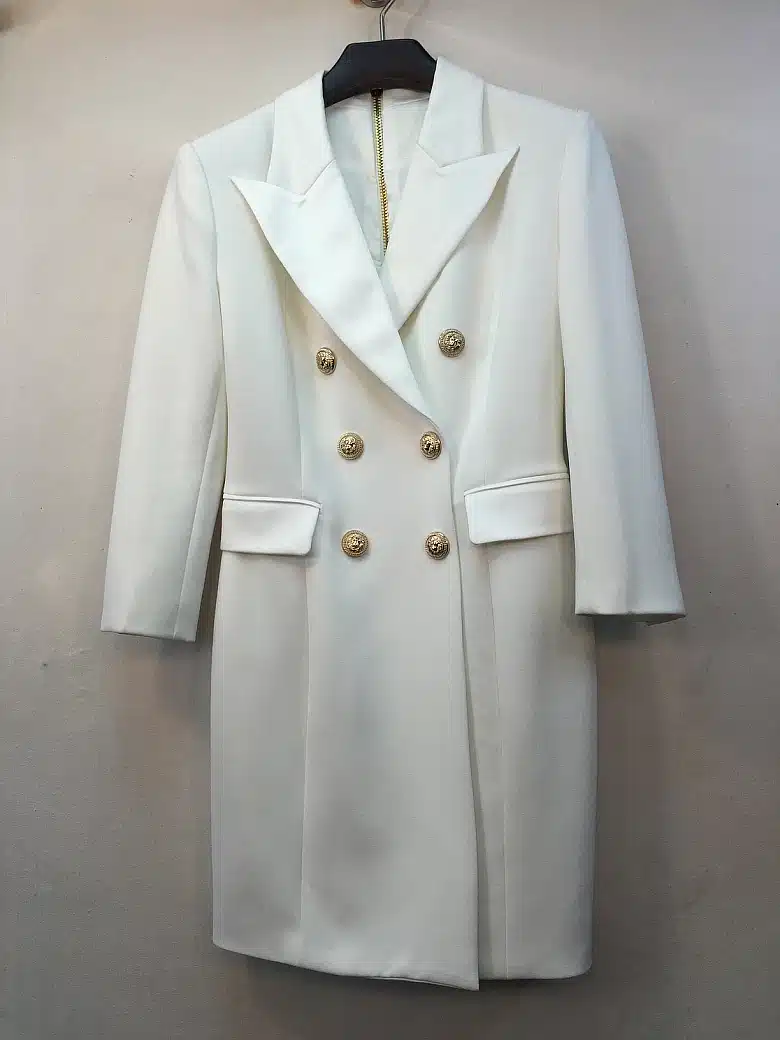 HIGH QUALITY New Fashion 2018 Runway Designer Dress Women's 3/4 Sleeve Double Breasted Metal Buttons Notched Collar Dress 5