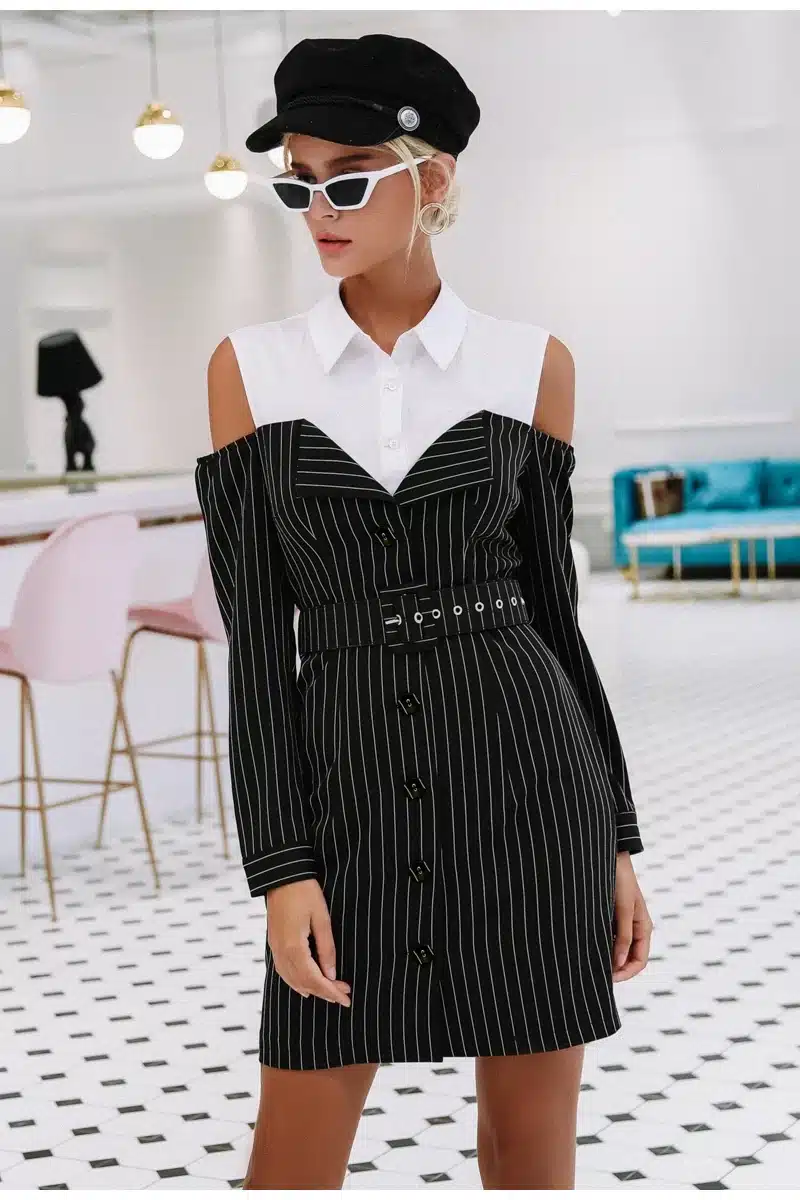 Simplee Elegant fake two piece stripe women dress Office lady sash long sleeve mini dress 2018 Autumn winter blazer blouse dress 12