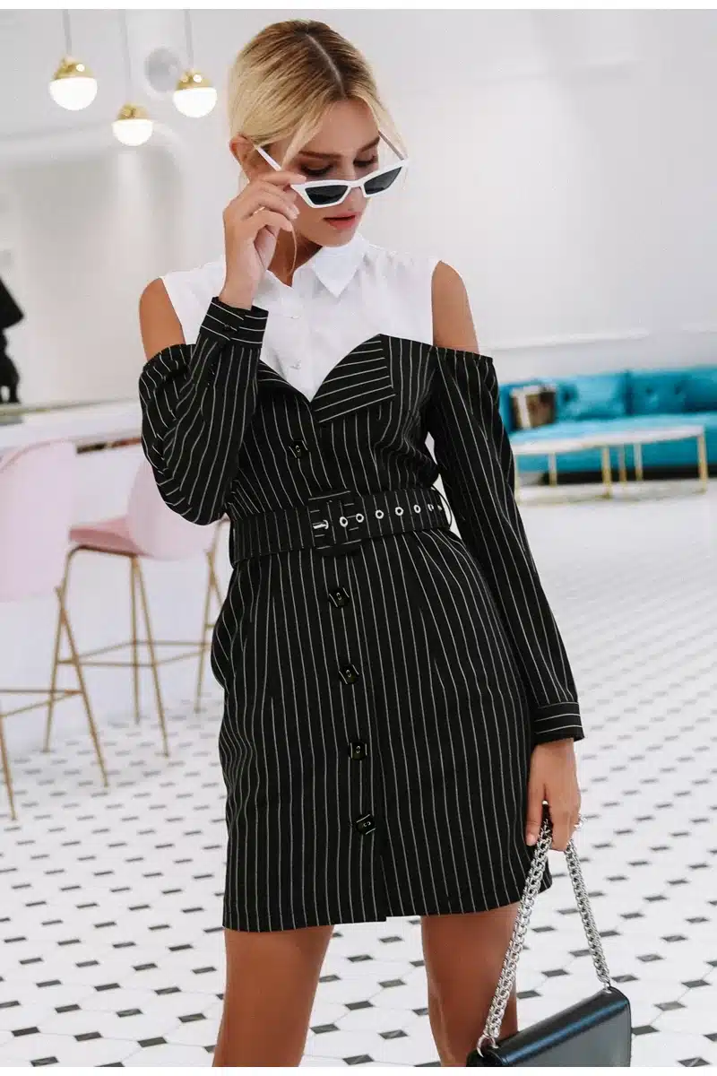 Simplee Elegant fake two piece stripe women dress Office lady sash long sleeve mini dress 2018 Autumn winter blazer blouse dress 14