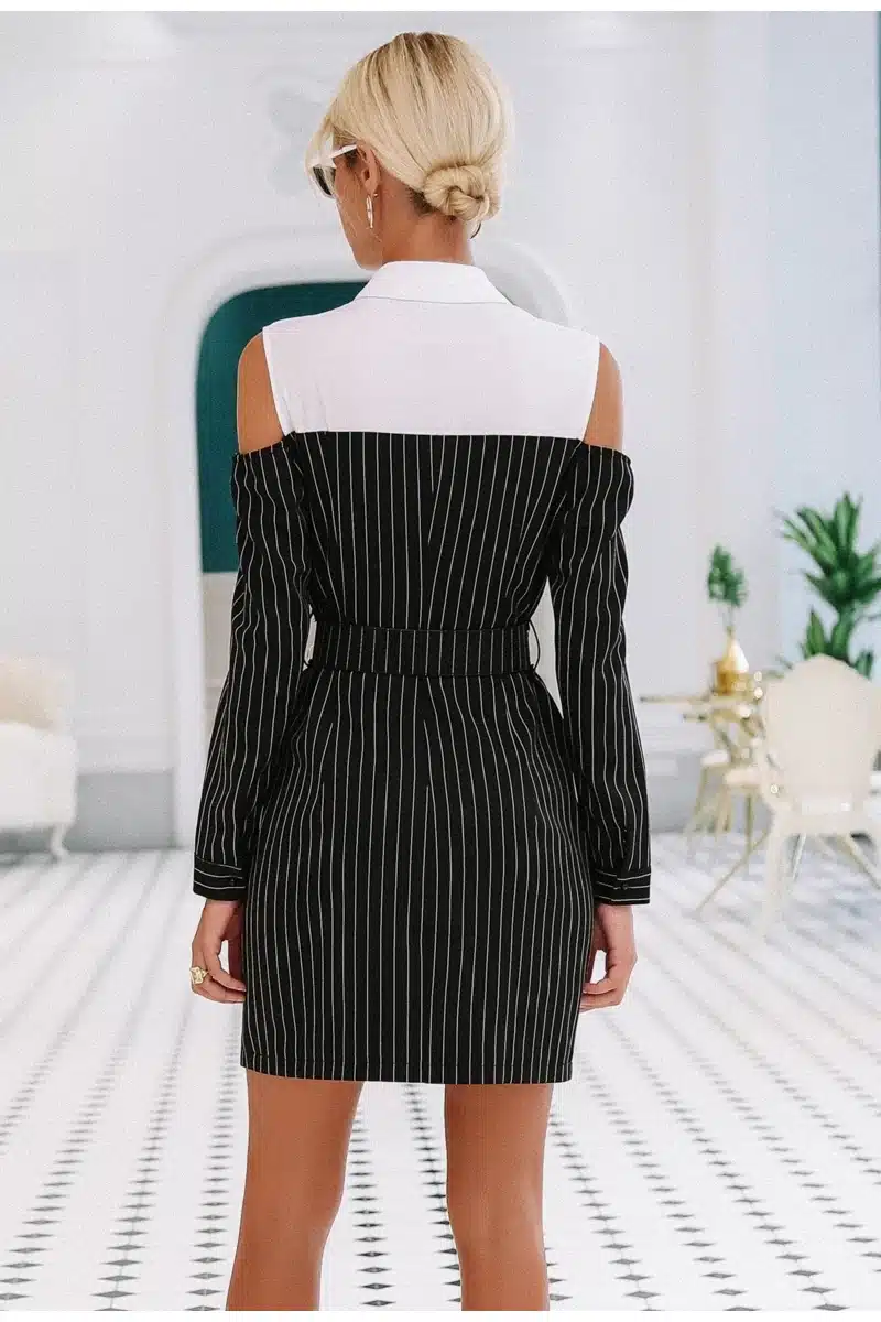 Simplee Elegant fake two piece stripe women dress Office lady sash long sleeve mini dress 2018 Autumn winter blazer blouse dress 15