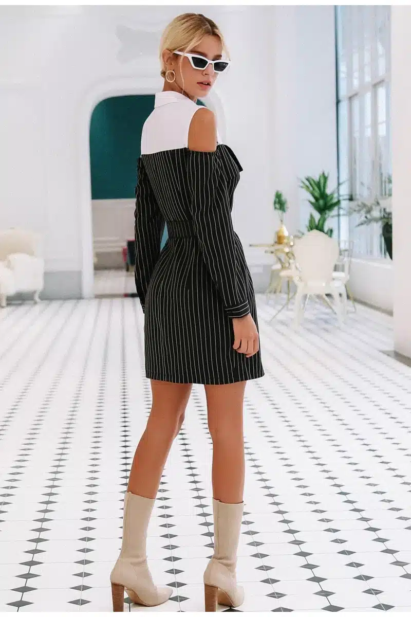 Simplee Elegant fake two piece stripe women dress Office lady sash long sleeve mini dress 2018 Autumn winter blazer blouse dress 17