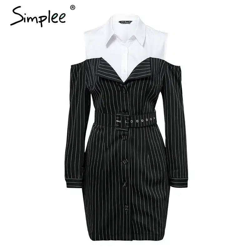 Simplee Elegant fake two piece stripe women dress Office lady sash long sleeve mini dress 2018 Autumn winter blazer blouse dress 19