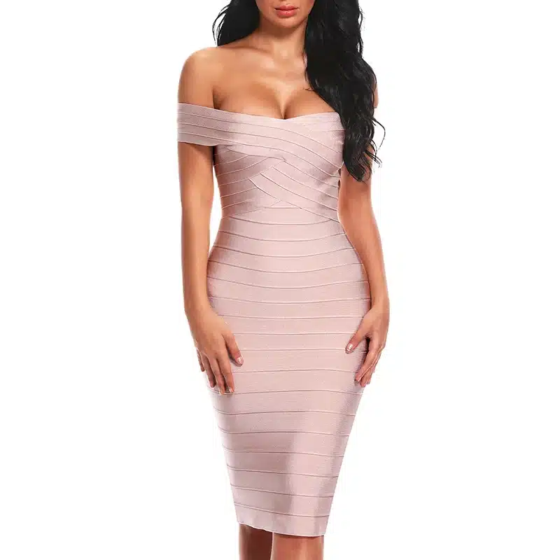 INDRESSME Sexy Off Shoulder Women Bandage Dress Elegant Slash Neck Knee Length Bodycon Backless Party Dress Vestidos 2018 New 17