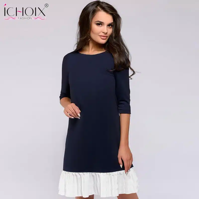 2018 Summer Work Wear Dress Fashion Blue Khaki Patchwork Casual Style Straight Short Dress Office Half Sleeve O-Neck Mini Dress 14