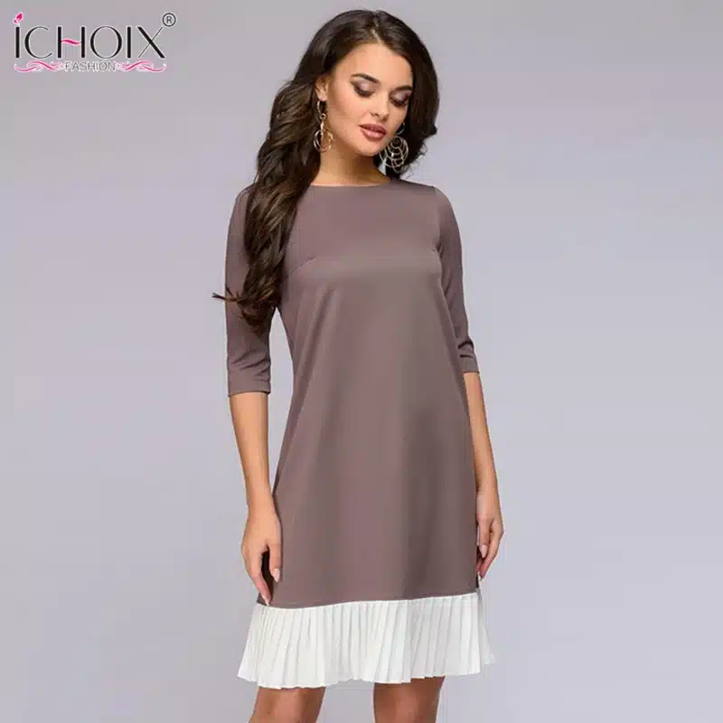 2018 Summer Work Wear Dress Fashion Blue Khaki Patchwork Casual Style Straight Short Dress Office Half Sleeve O-Neck Mini Dress 17