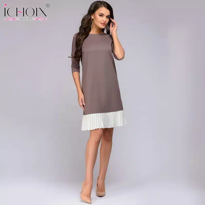 2018 Summer Work Wear Dress Fashion Blue Khaki Patchwork Casual Style Straight Short Dress Office Half Sleeve O-Neck Mini Dress 18