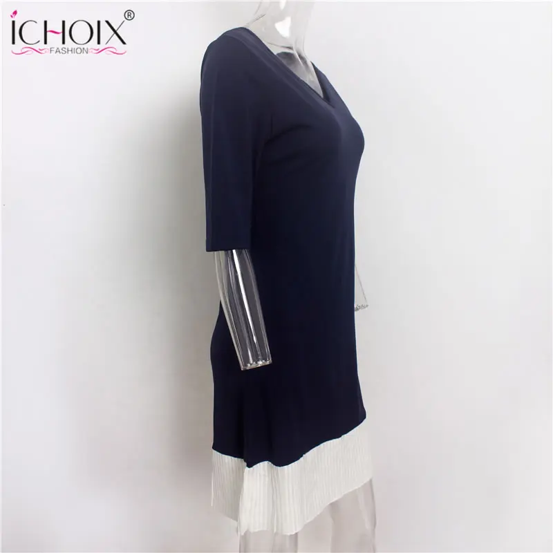 2018 Summer Work Wear Dress Fashion Blue Khaki Patchwork Casual Style Straight Short Dress Office Half Sleeve O-Neck Mini Dress 28