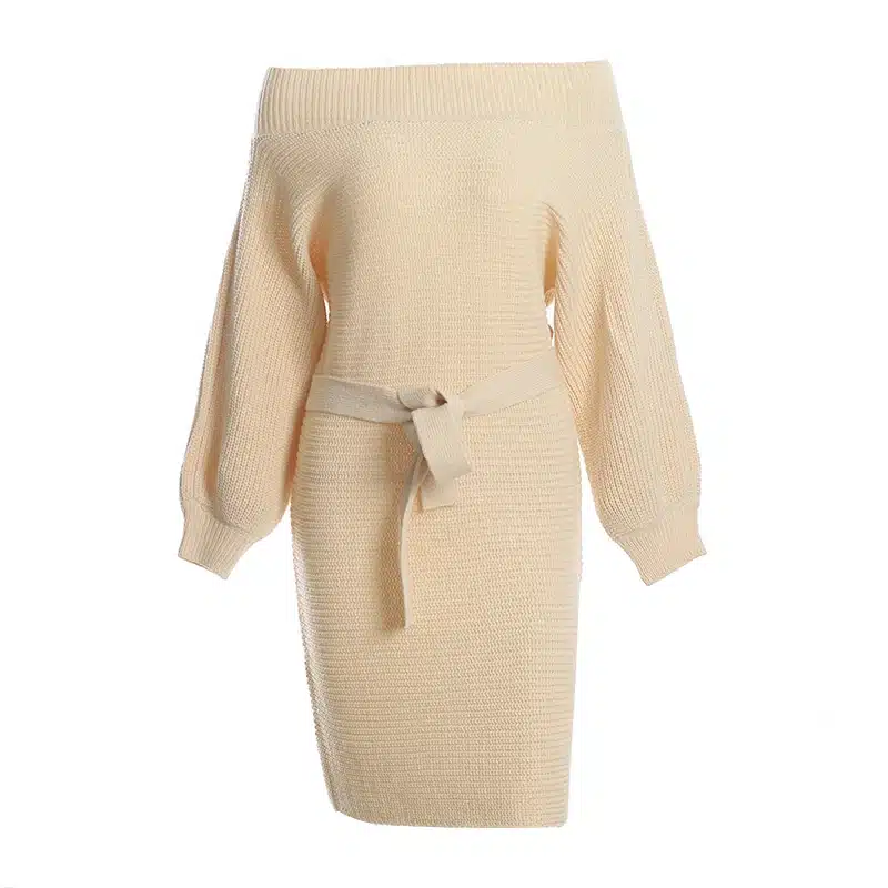 Oxdra Ladies 2018 Autumn Hot New Sweater Short Dress Long Sleeve Sexy Slash Neck Knit Mini Loose Solid Dresses With Belt 3