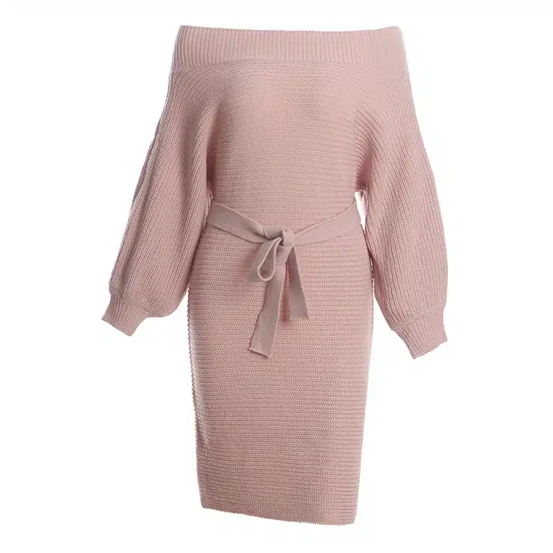 Oxdra Ladies 2018 Autumn Hot New Sweater Short Dress Long Sleeve Sexy Slash Neck Knit Mini Loose Solid Dresses With Belt 4