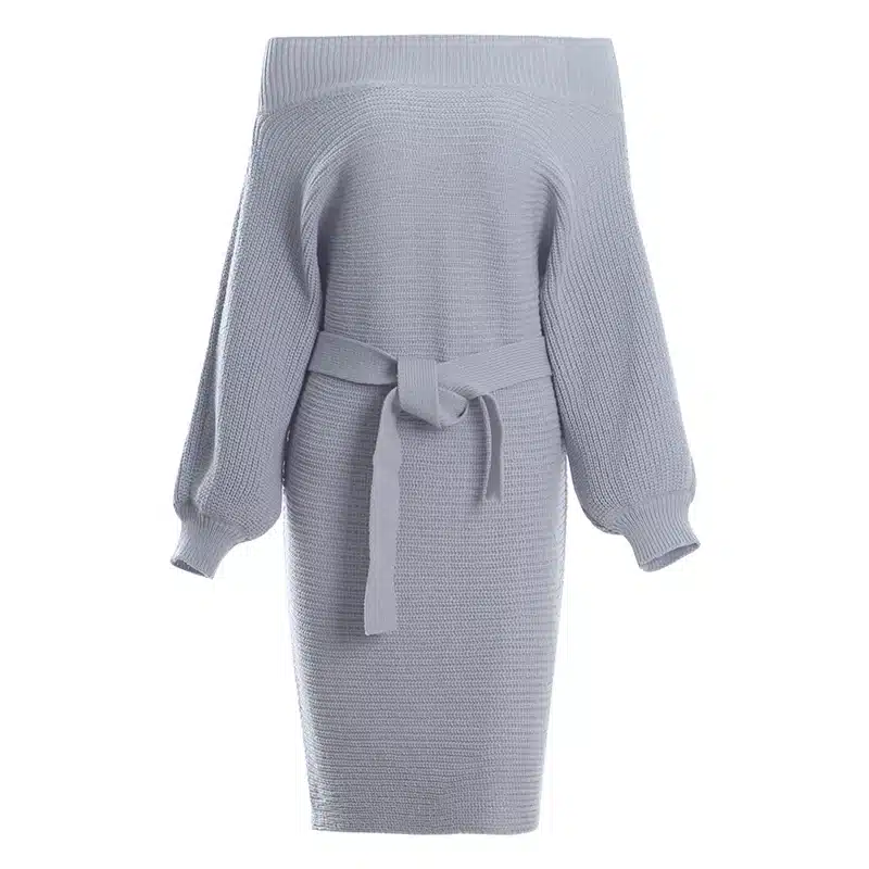 Oxdra Ladies 2018 Autumn Hot New Sweater Short Dress Long Sleeve Sexy Slash Neck Knit Mini Loose Solid Dresses With Belt 5