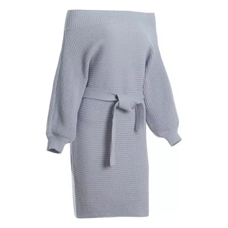 Oxdra Ladies 2018 Autumn Hot New Sweater Short Dress Long Sleeve Sexy Slash Neck Knit Mini Loose Solid Dresses With Belt 6