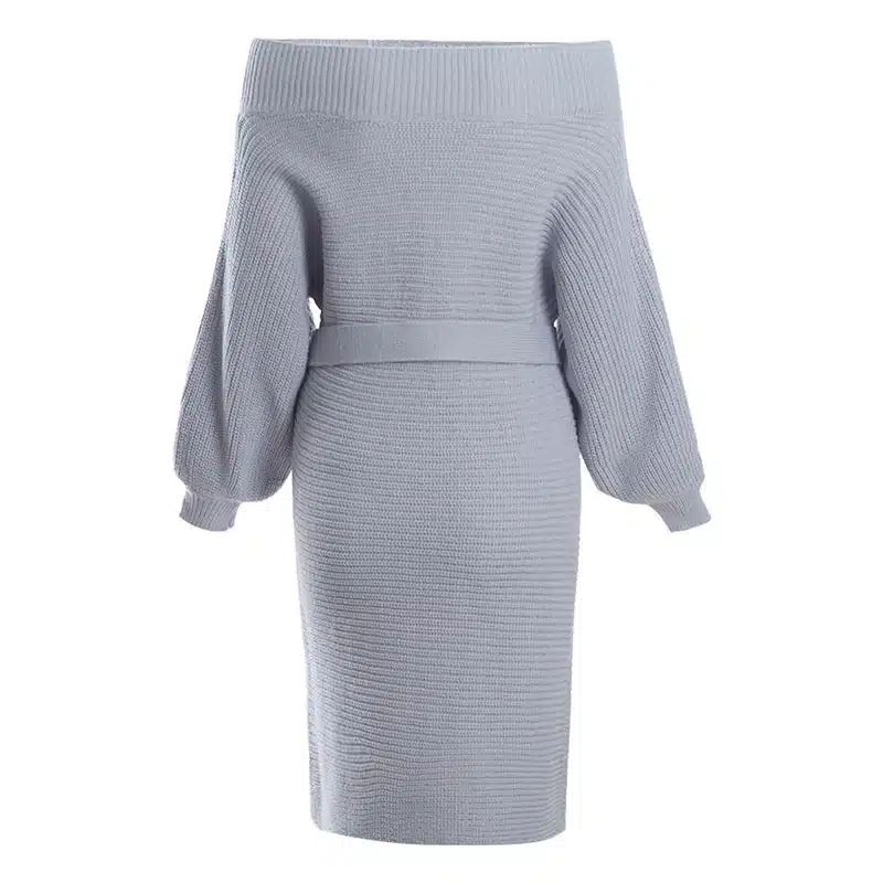 Oxdra Ladies 2018 Autumn Hot New Sweater Short Dress Long Sleeve Sexy Slash Neck Knit Mini Loose Solid Dresses With Belt 7