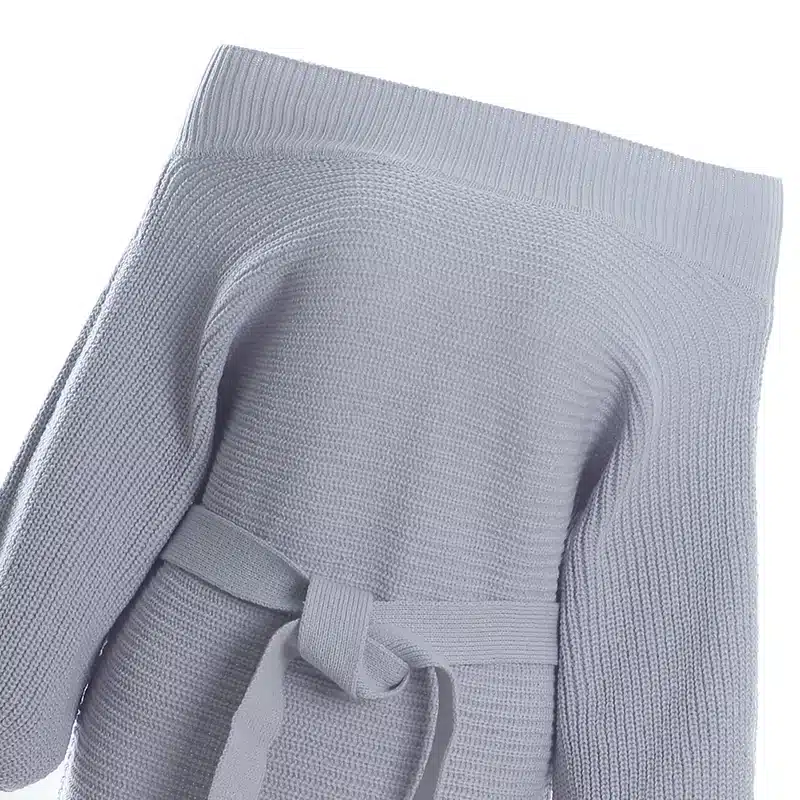 Oxdra Ladies 2018 Autumn Hot New Sweater Short Dress Long Sleeve Sexy Slash Neck Knit Mini Loose Solid Dresses With Belt 8