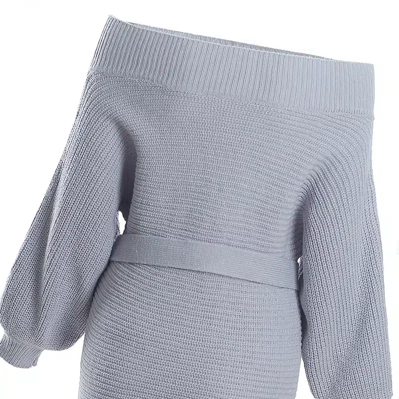 Oxdra Ladies 2018 Autumn Hot New Sweater Short Dress Long Sleeve Sexy Slash Neck Knit Mini Loose Solid Dresses With Belt 9