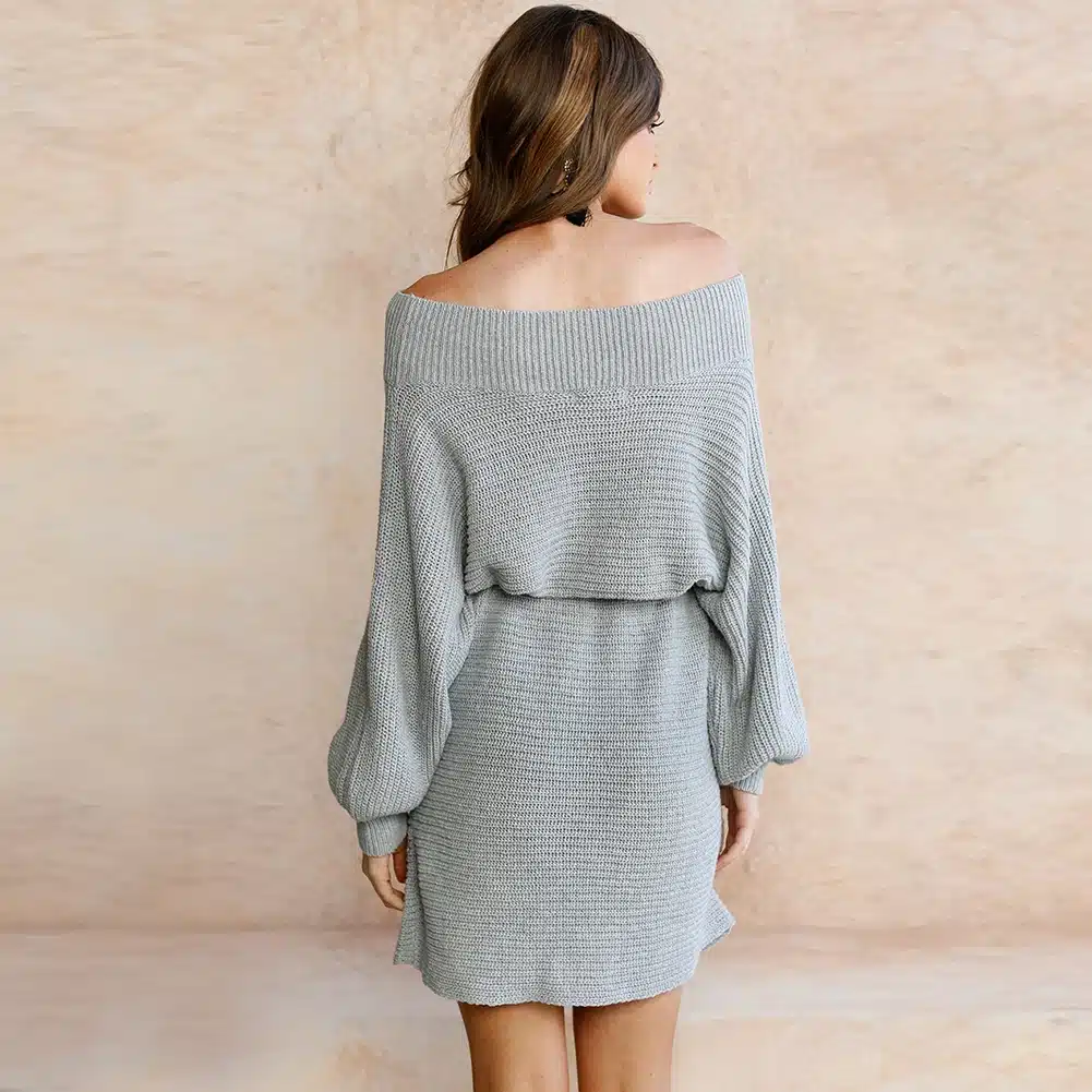 Oxdra Ladies 2018 Autumn Hot New Sweater Short Dress Long Sleeve Sexy Slash Neck Knit Mini Loose Solid Dresses With Belt 14