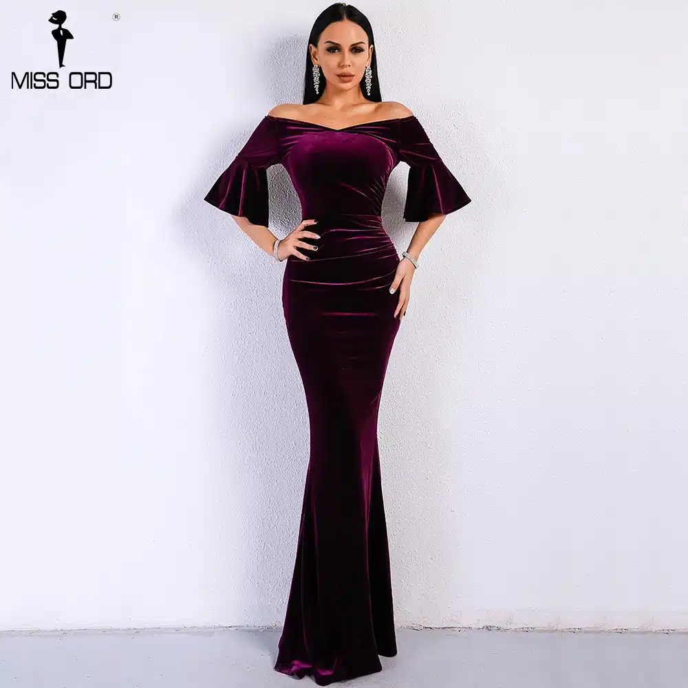 Missord 2018 Women Sexy Off Shoulder Speaker Sleeve Female Dresses Velvet Solid Color Bodycon Elegant Maxi Party Dress FT9080 11