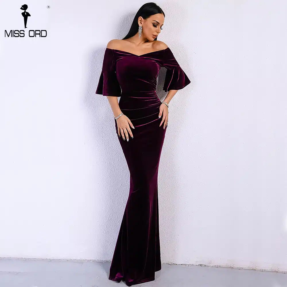 Missord 2018 Women Sexy Off Shoulder Speaker Sleeve Female Dresses Velvet Solid Color Bodycon Elegant Maxi Party Dress FT9080 12
