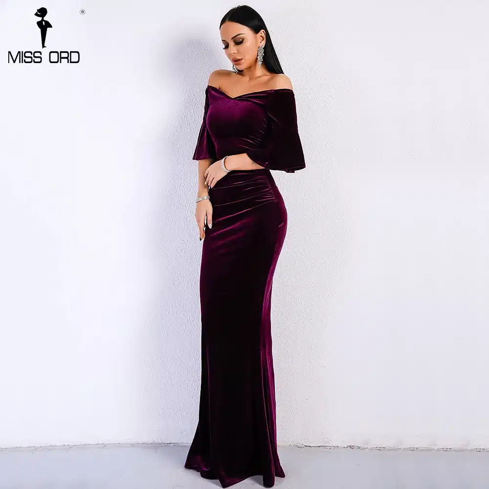 Missord 2018 Women Sexy Off Shoulder Speaker Sleeve Female Dresses Velvet Solid Color Bodycon Elegant Maxi Party Dress FT9080 13