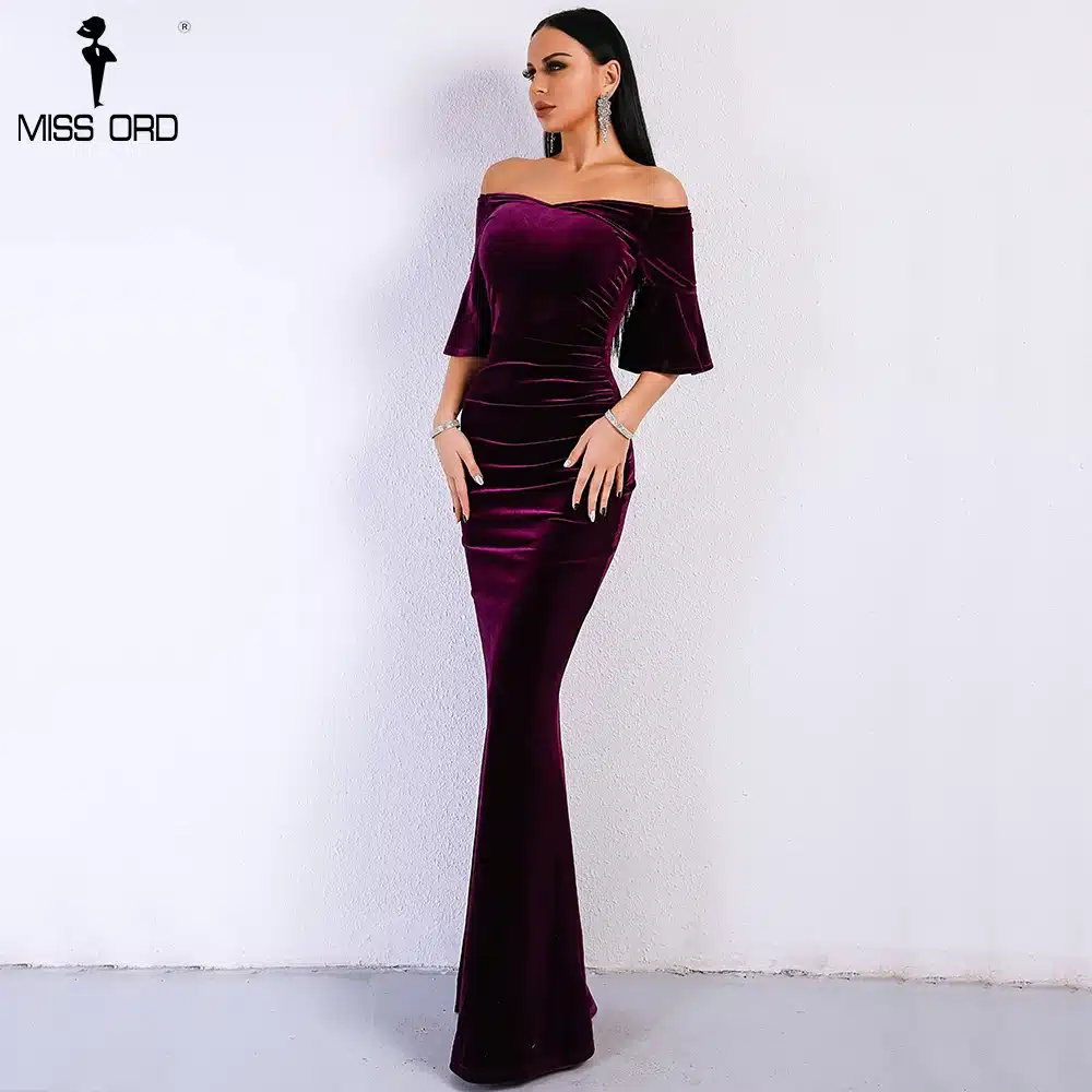 Missord 2018 Women Sexy Off Shoulder Speaker Sleeve Female Dresses Velvet Solid Color Bodycon Elegant Maxi Party Dress FT9080 14
