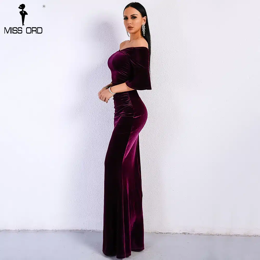 Missord 2018 Women Sexy Off Shoulder Speaker Sleeve Female Dresses Velvet Solid Color Bodycon Elegant Maxi Party Dress FT9080 15