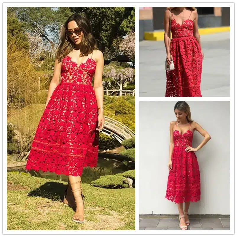 SEBOWEL 2018 Sexy Red Lace Party Skater Dress Women Hollow Out Nude Illusion A-Line Dresses Ladies Sleeveless Midi Beach Dress 13