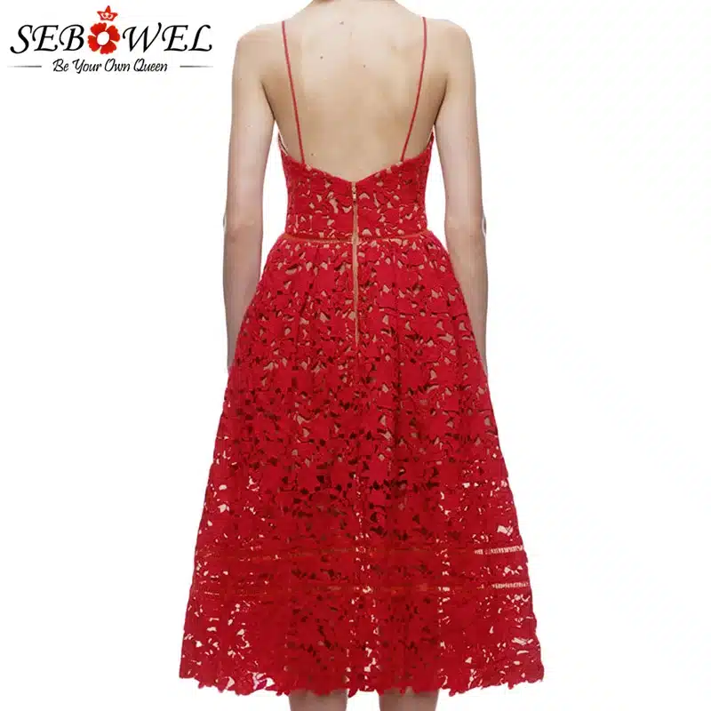 SEBOWEL 2018 Sexy Red Lace Party Skater Dress Women Hollow Out Nude Illusion A-Line Dresses Ladies Sleeveless Midi Beach Dress 19