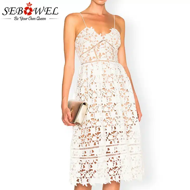 SEBOWEL 2018 Sexy Red Lace Party Skater Dress Women Hollow Out Nude Illusion A-Line Dresses Ladies Sleeveless Midi Beach Dress 22