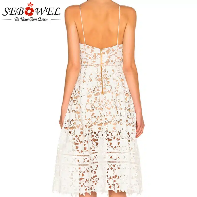 SEBOWEL 2018 Sexy Red Lace Party Skater Dress Women Hollow Out Nude Illusion A-Line Dresses Ladies Sleeveless Midi Beach Dress 23