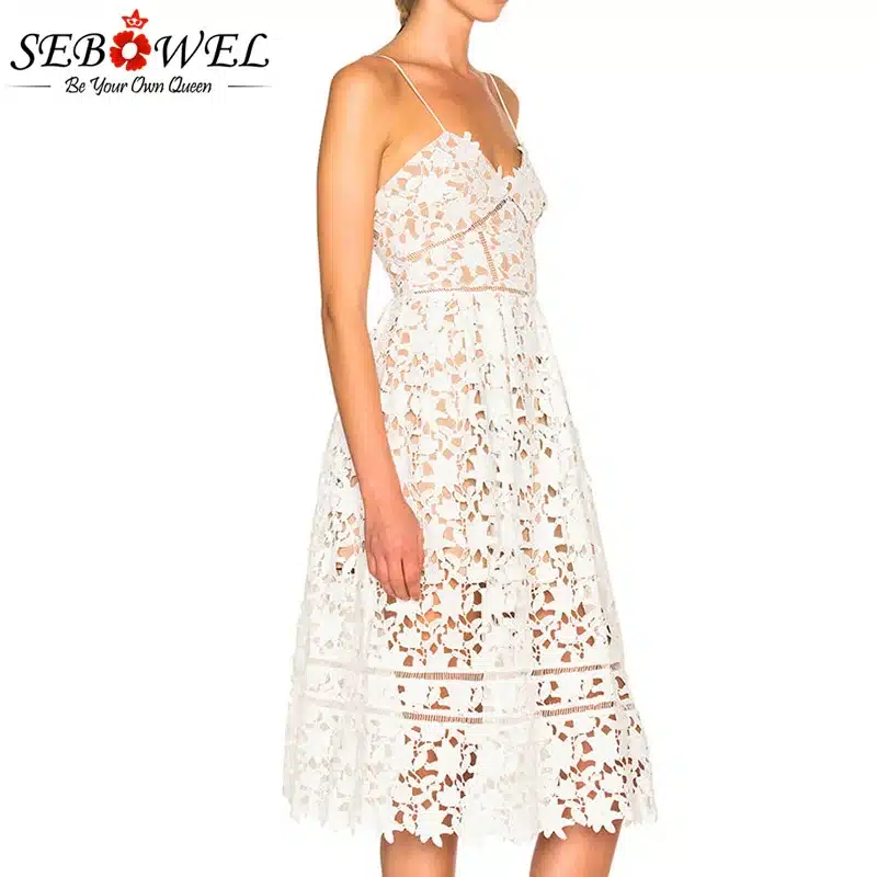 SEBOWEL 2018 Sexy Red Lace Party Skater Dress Women Hollow Out Nude Illusion A-Line Dresses Ladies Sleeveless Midi Beach Dress 24