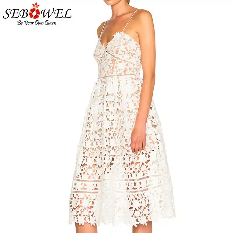 SEBOWEL 2018 Sexy Red Lace Party Skater Dress Women Hollow Out Nude Illusion A-Line Dresses Ladies Sleeveless Midi Beach Dress 25