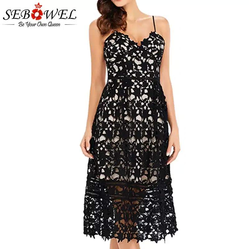 SEBOWEL 2018 Sexy Red Lace Party Skater Dress Women Hollow Out Nude Illusion A-Line Dresses Ladies Sleeveless Midi Beach Dress 26