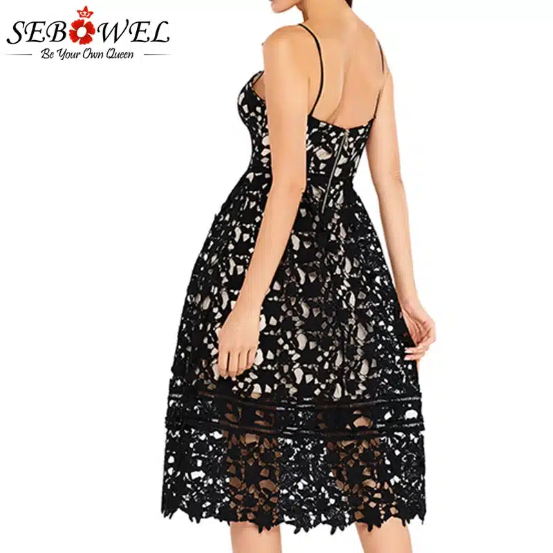 SEBOWEL 2018 Sexy Red Lace Party Skater Dress Women Hollow Out Nude Illusion A-Line Dresses Ladies Sleeveless Midi Beach Dress 28