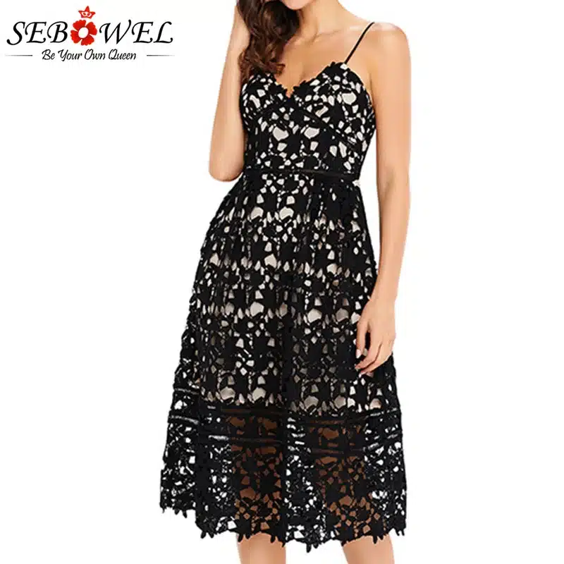 SEBOWEL 2018 Sexy Red Lace Party Skater Dress Women Hollow Out Nude Illusion A-Line Dresses Ladies Sleeveless Midi Beach Dress 29