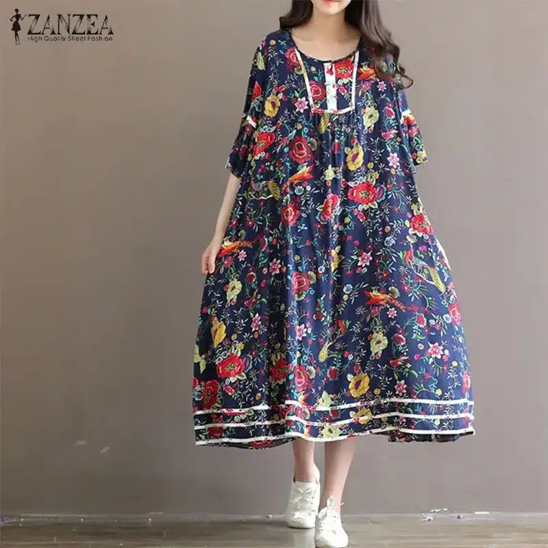 ZANZEA Women Dress 2018 Summer Vintage Floral Print Dresses Flare Sleeve O Neck Long Dress Casual Loose Oversized Vestidos 12