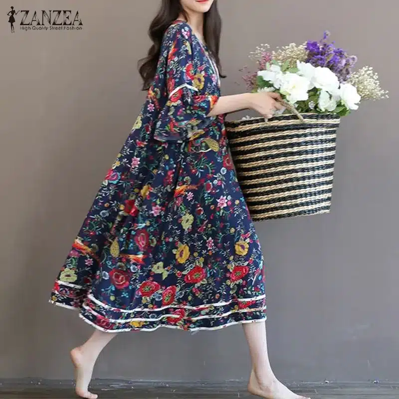 ZANZEA Women Dress 2018 Summer Vintage Floral Print Dresses Flare Sleeve O Neck Long Dress Casual Loose Oversized Vestidos 15